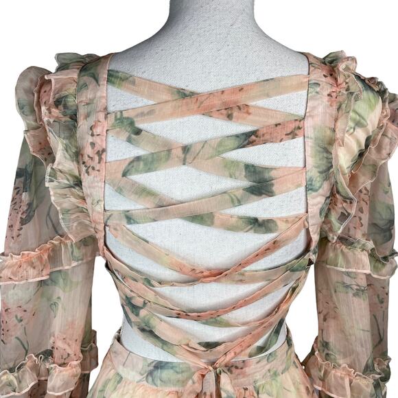 Guilty of Glam Floral Cutout Lace Up Mini Dress Blush Pink Ruffles Date Night S - Picture 10 of 12